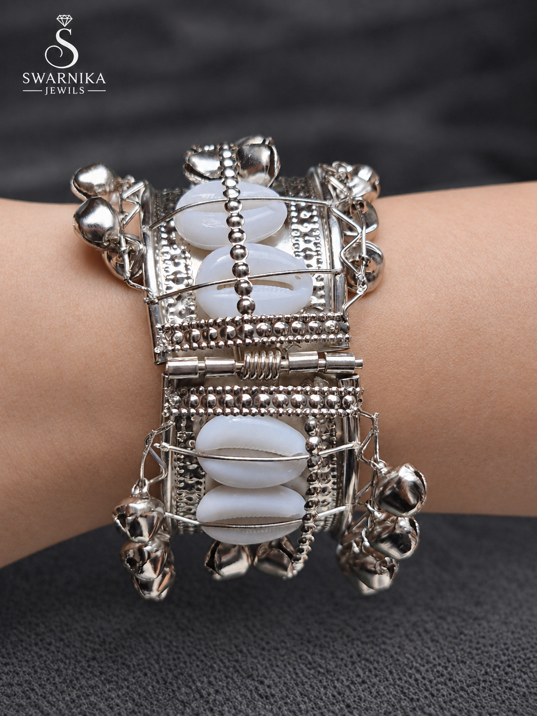 Festive Patchwork Embroidery Silver Kada view 2