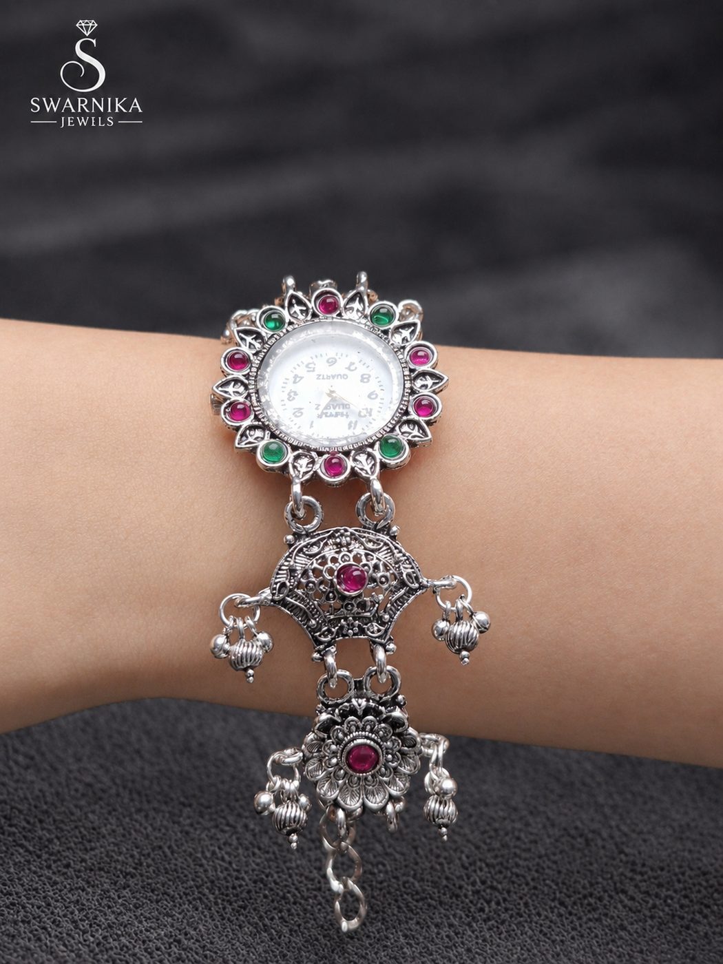 Floral Bezel Multistone Oxidised Watch Bracelet view 1