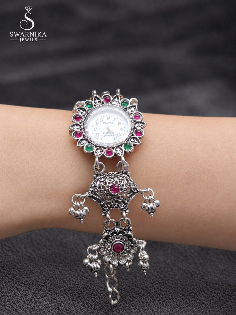 Floral Bezel Multistone Oxidised Watch Bracelet