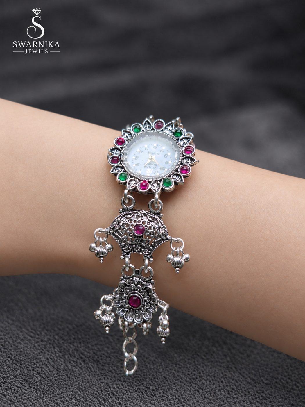 Floral Bezel Multistone Oxidised Watch Bracelet view 2