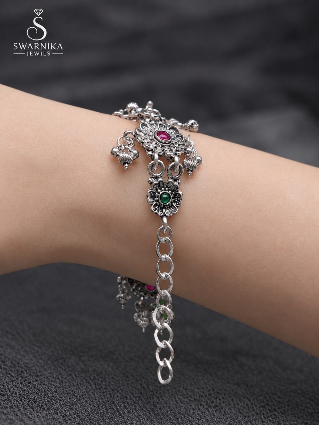 Floral Bezel Multistone Oxidised Watch Bracelet view 3
