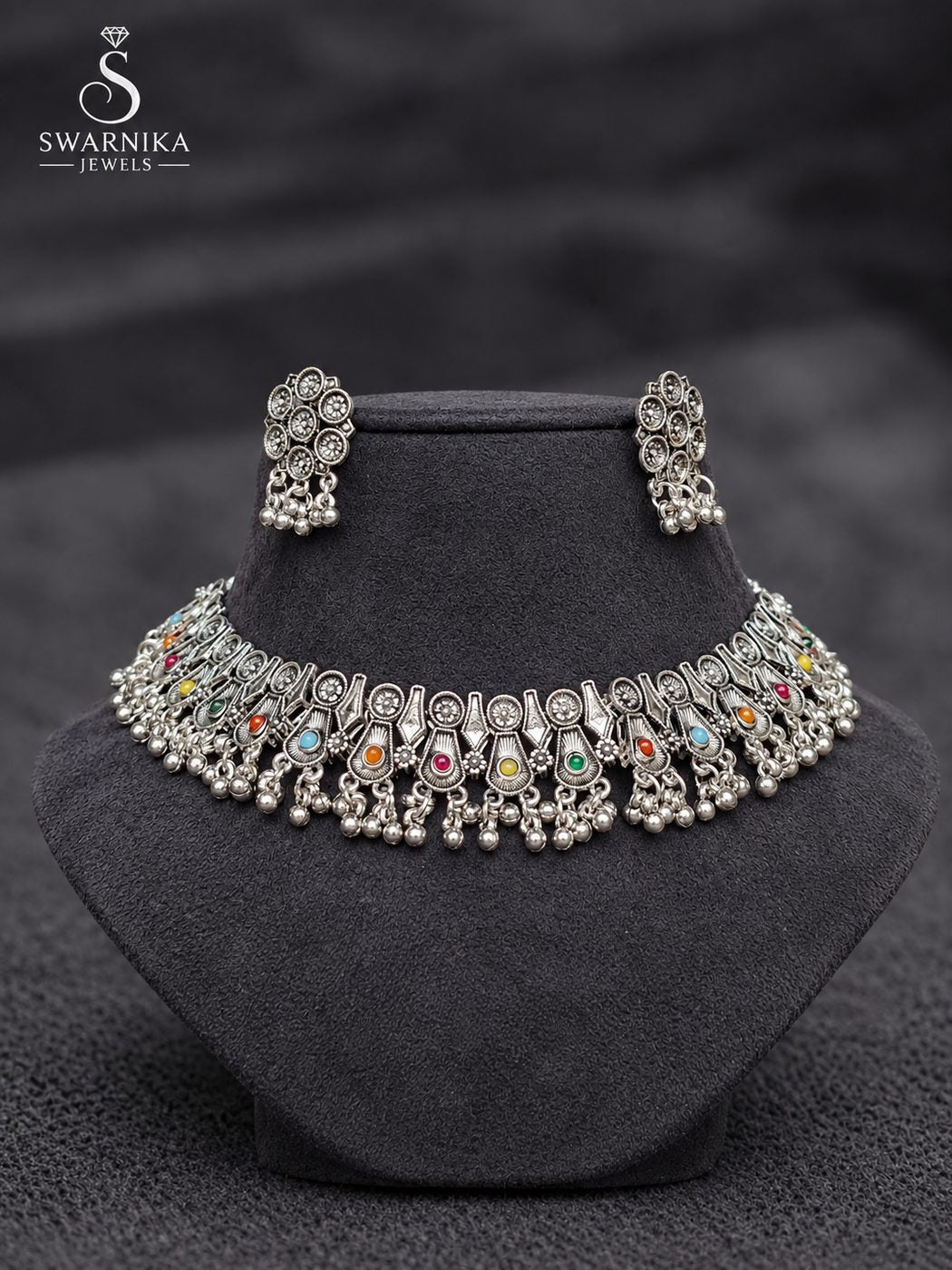 Floral Medallion Oxidised Necklace Set view 1