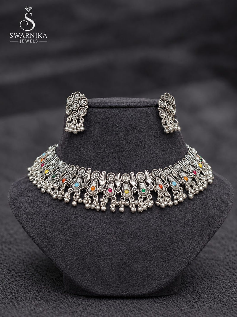 Floral Medallion Oxidised Necklace Set