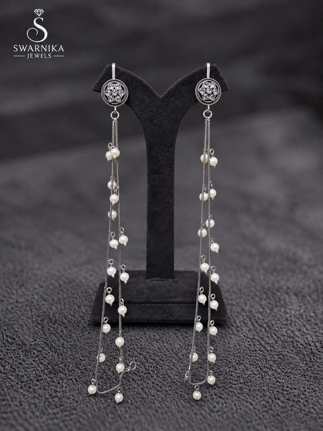 Floral Stud Triple Pearl Chain Drop Earrings view 1