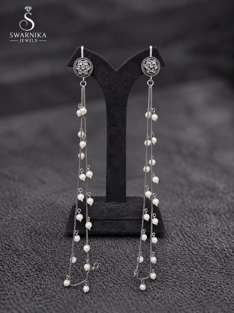 Floral Stud Triple Pearl Chain Drop Earrings