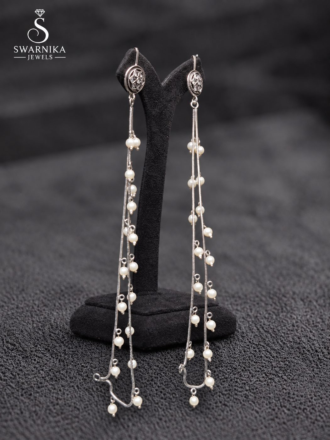 Floral Stud Triple Pearl Chain Drop Earrings view 2