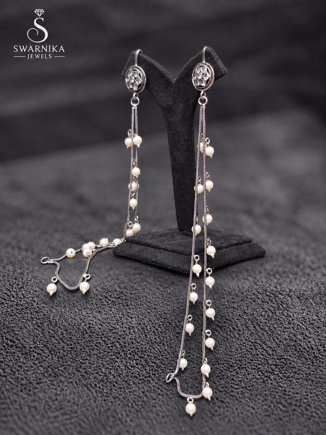 Floral Stud Triple Pearl Chain Drop Earrings view 3