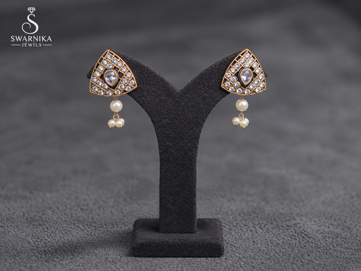 Gold Lattice Triangle Pearl Drop Earrings view 1