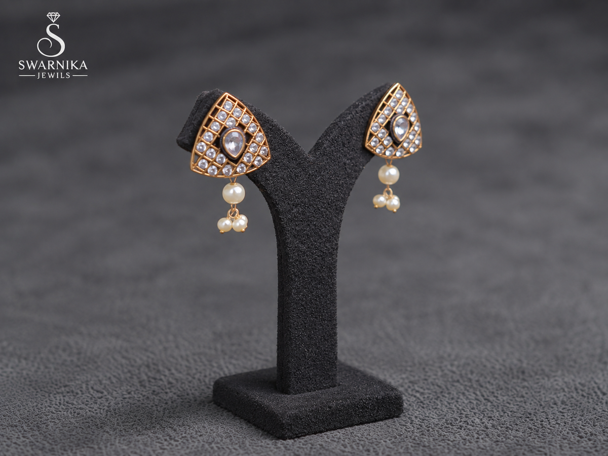 Gold Lattice Triangle Pearl Drop Earrings view 2