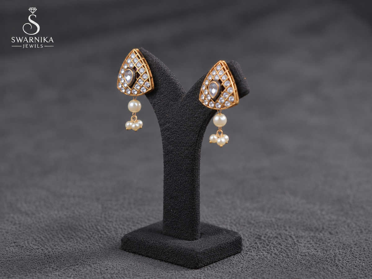 Gold Lattice Triangle Pearl Drop Earrings view 3