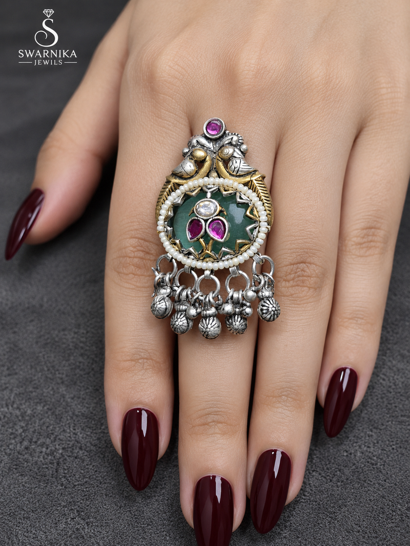 Green Bird Magenta Cluster Statement Ring