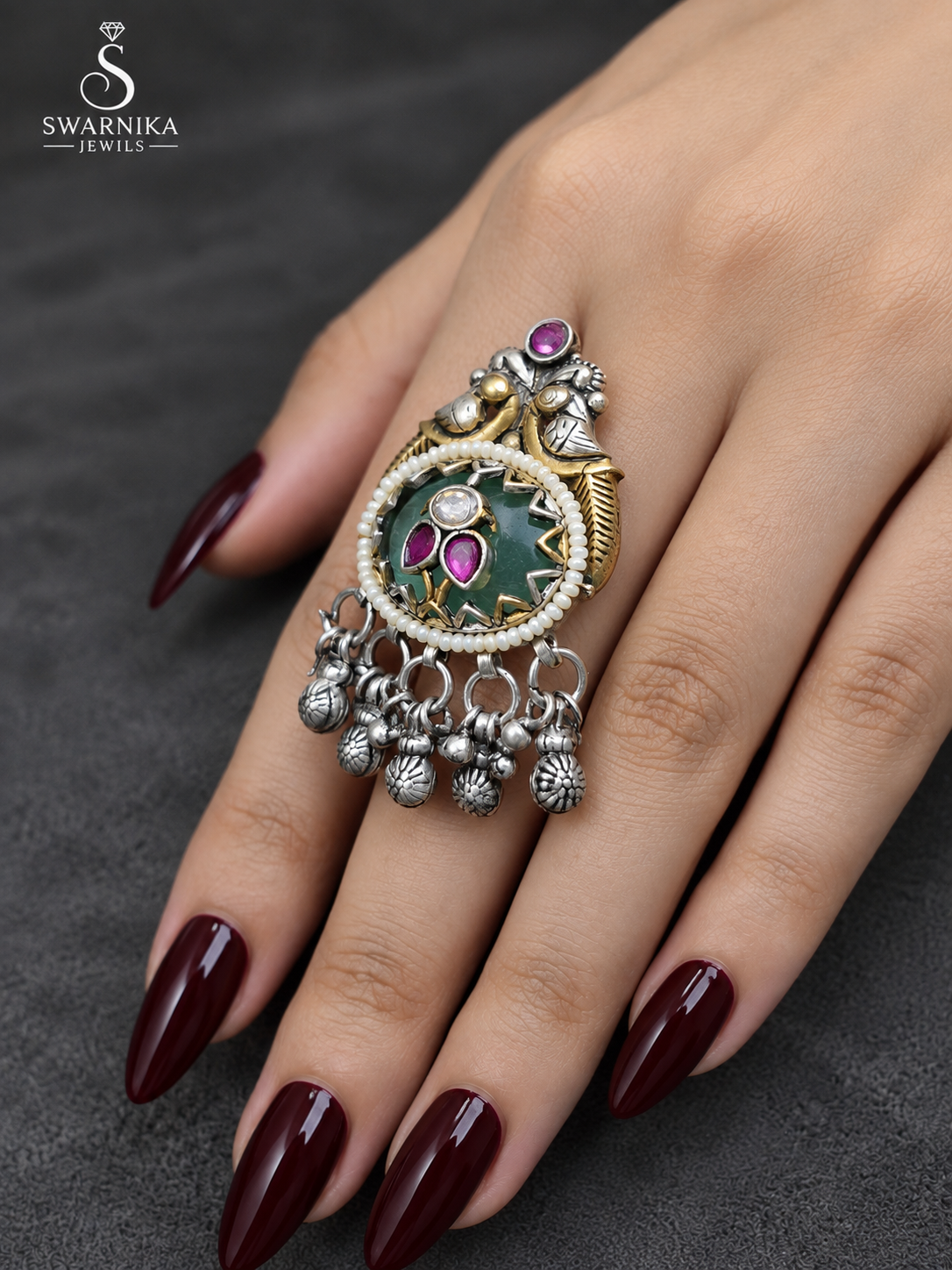 Green Bird Magenta Cluster Statement Ring view 2