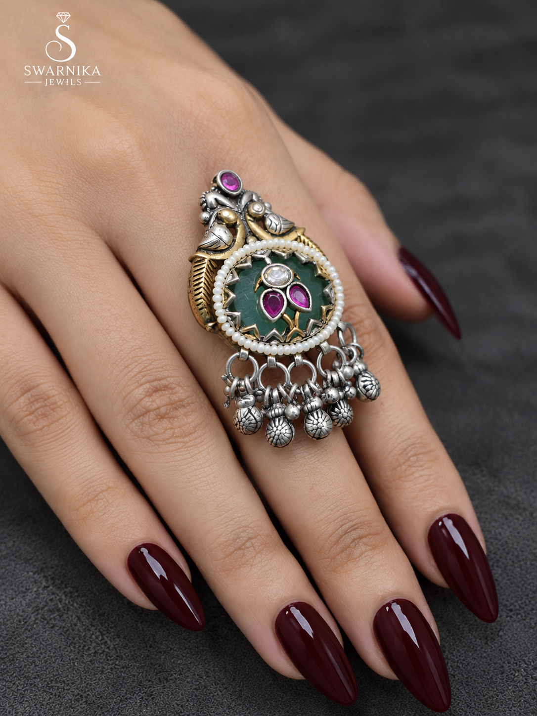 Green Bird Magenta Cluster Statement Ring view 3