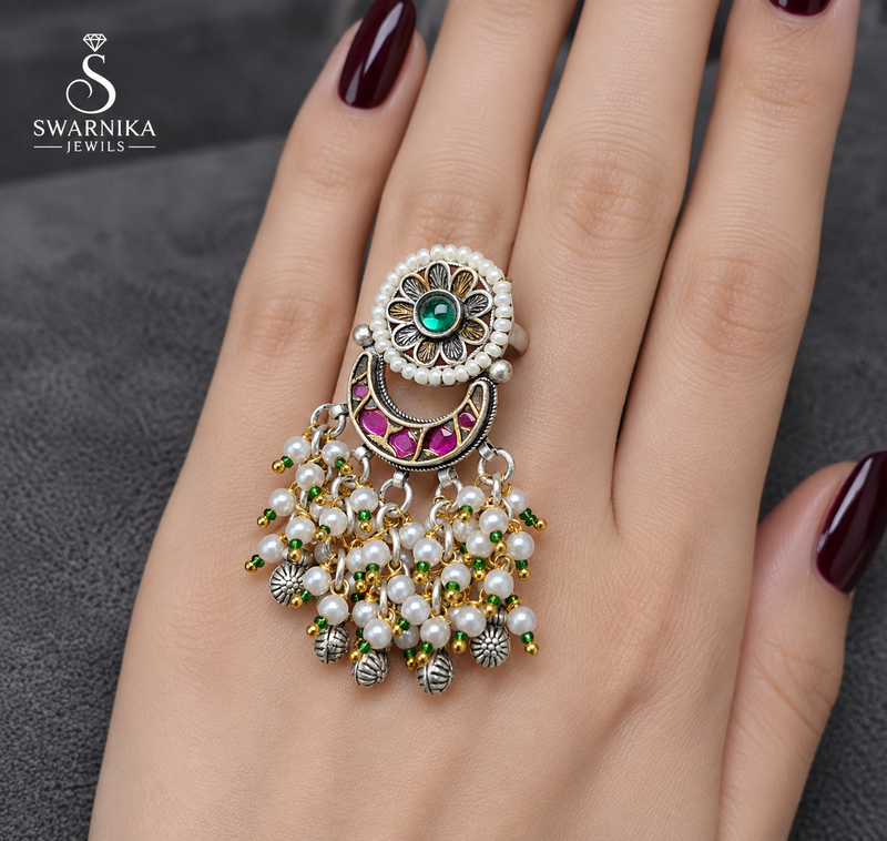 Green Floral Pink Crescent Pearl Ring