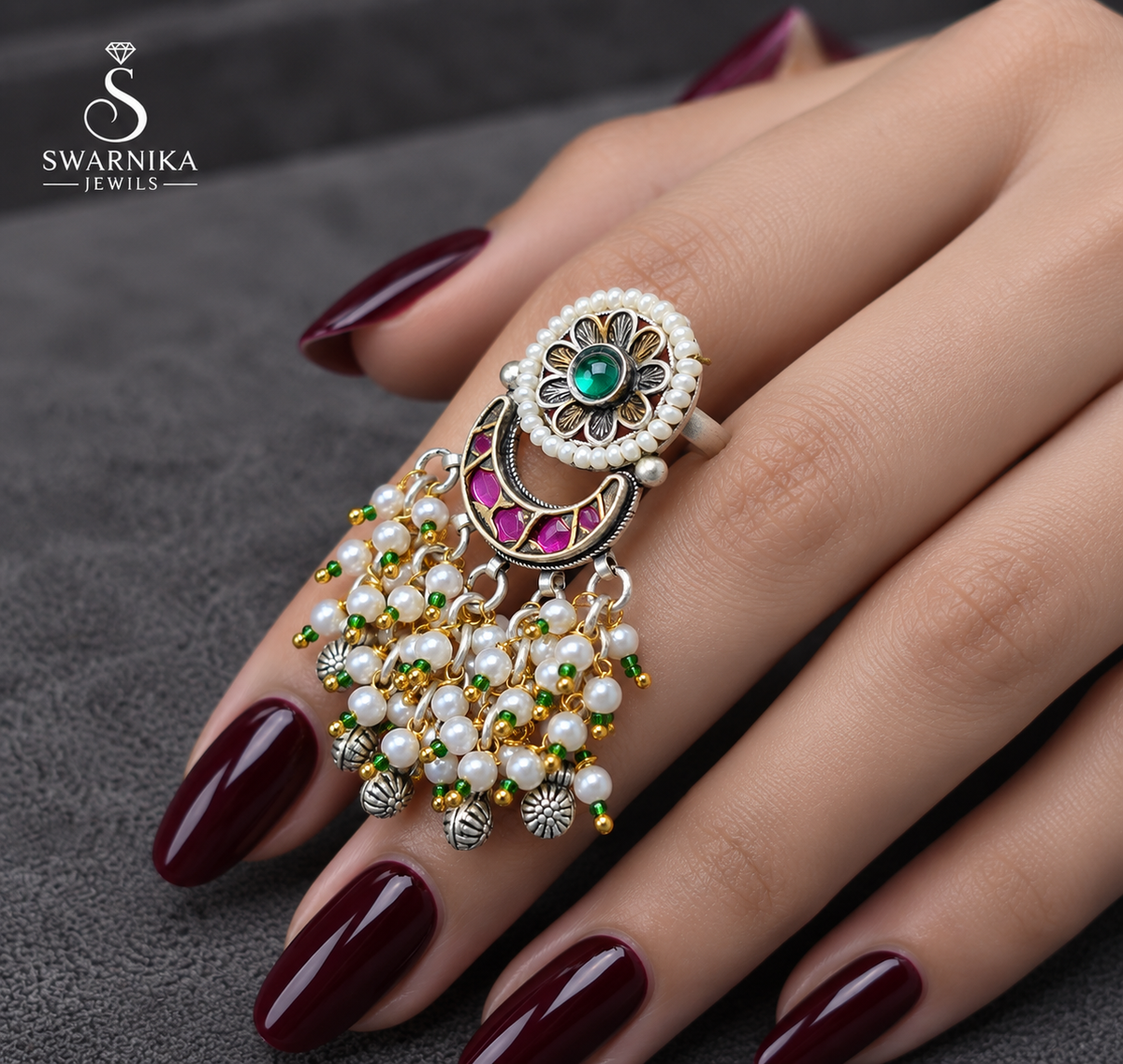 Green Floral Pink Crescent Pearl Ring view 2