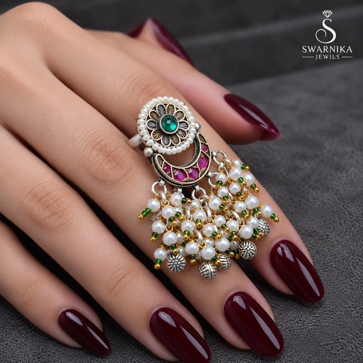 Green Floral Pink Crescent Pearl Ring view 3