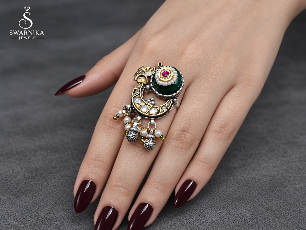 Green Pearl Elephant Crescent Statement Ring view 1