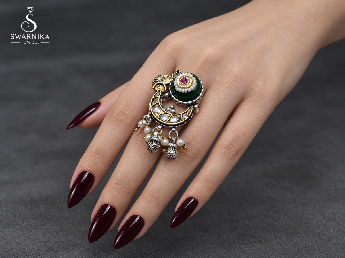 Green Pearl Elephant Crescent Statement Ring view 2