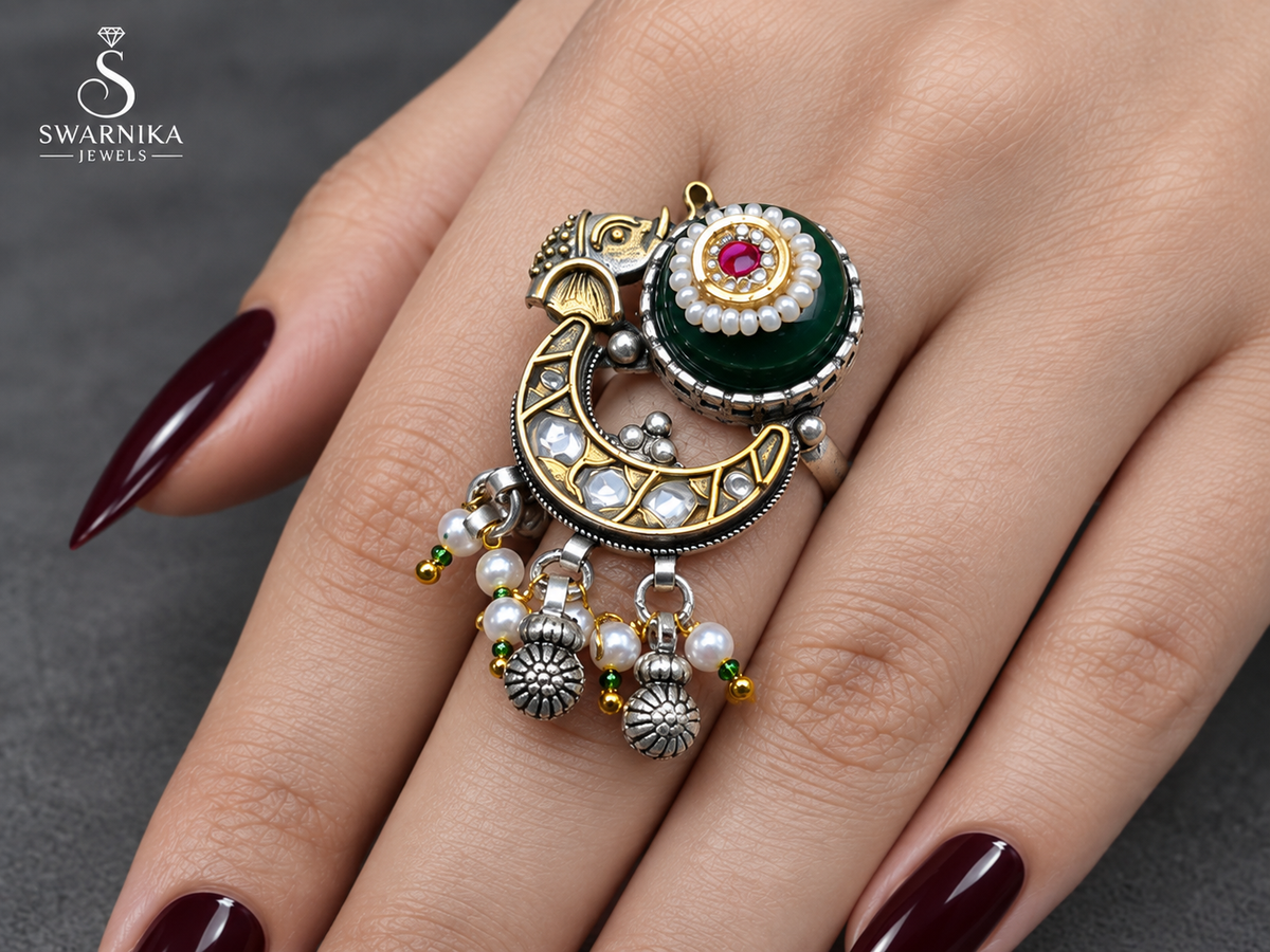 Green Pearl Elephant Crescent Statement Ring view 3