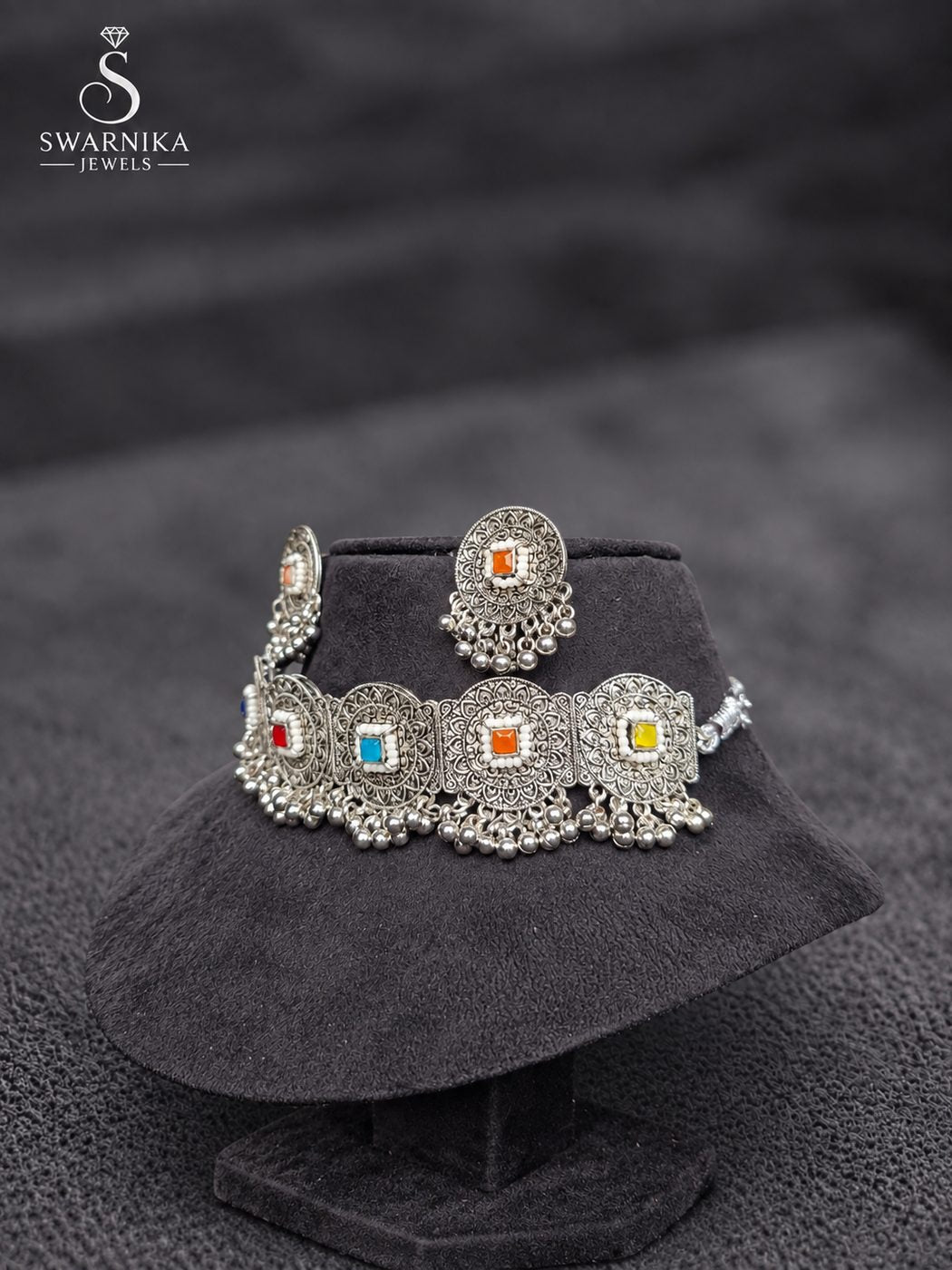 Heavy Temple Oxidised Bridal Necklace Set view 3