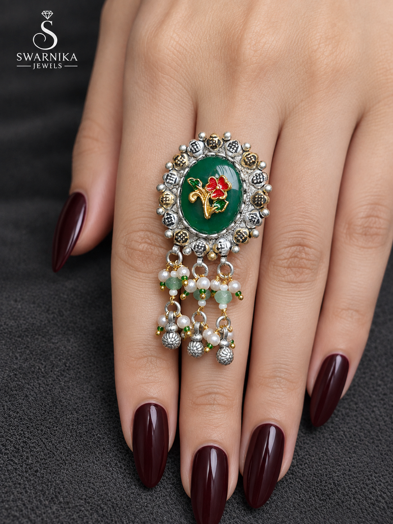 Jade Green Floral Pearl Drop Cocktail Ring