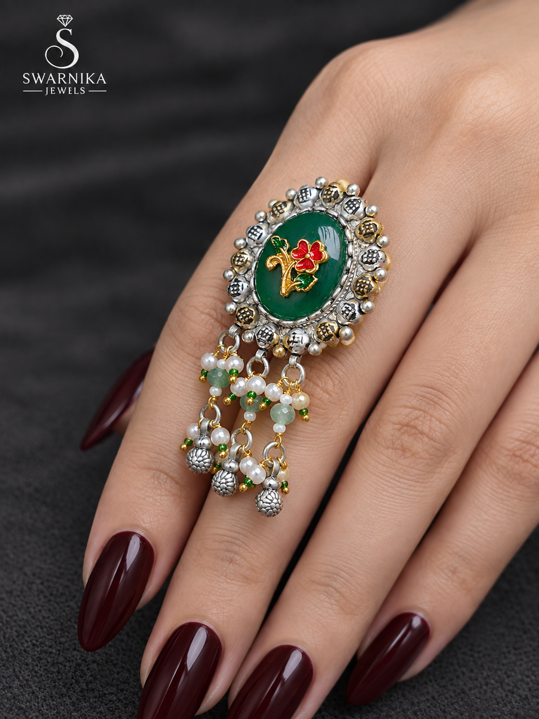 Jade Green Floral Pearl Drop Cocktail Ring view 2
