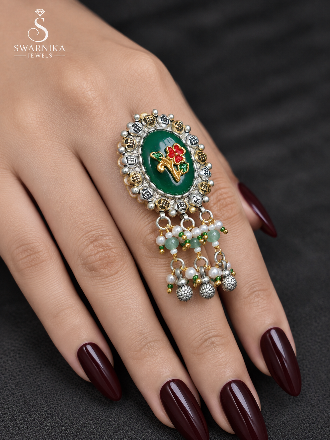 Jade Green Floral Pearl Drop Cocktail Ring view 3