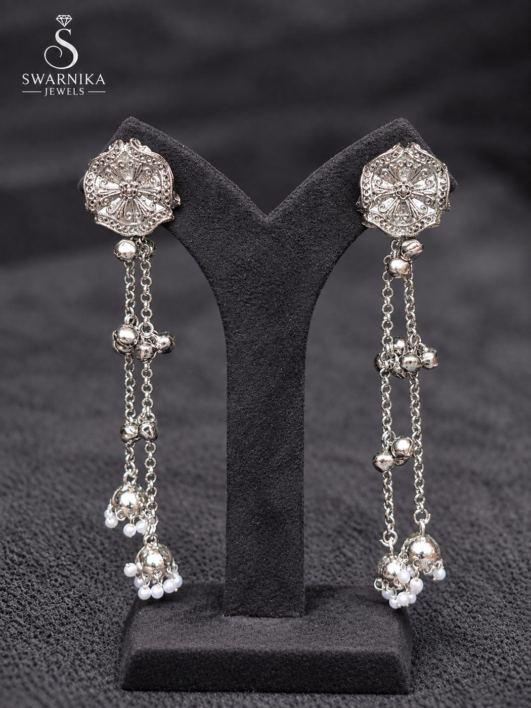 Layered Oxidised Temple Motif Jhumkas view 1