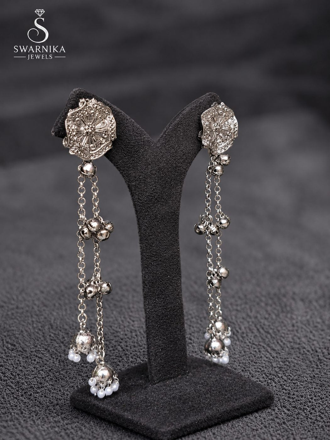 Layered Oxidised Temple Motif Jhumkas view 2