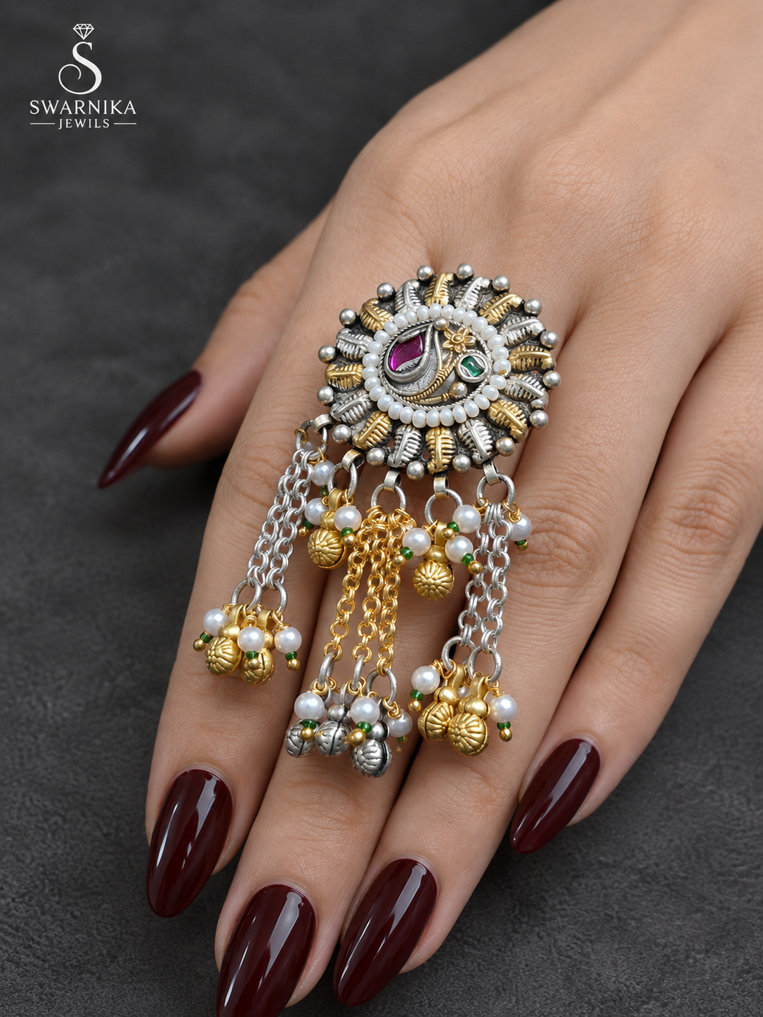 Magenta Feather Dual-Tone Pearl Ring view 2