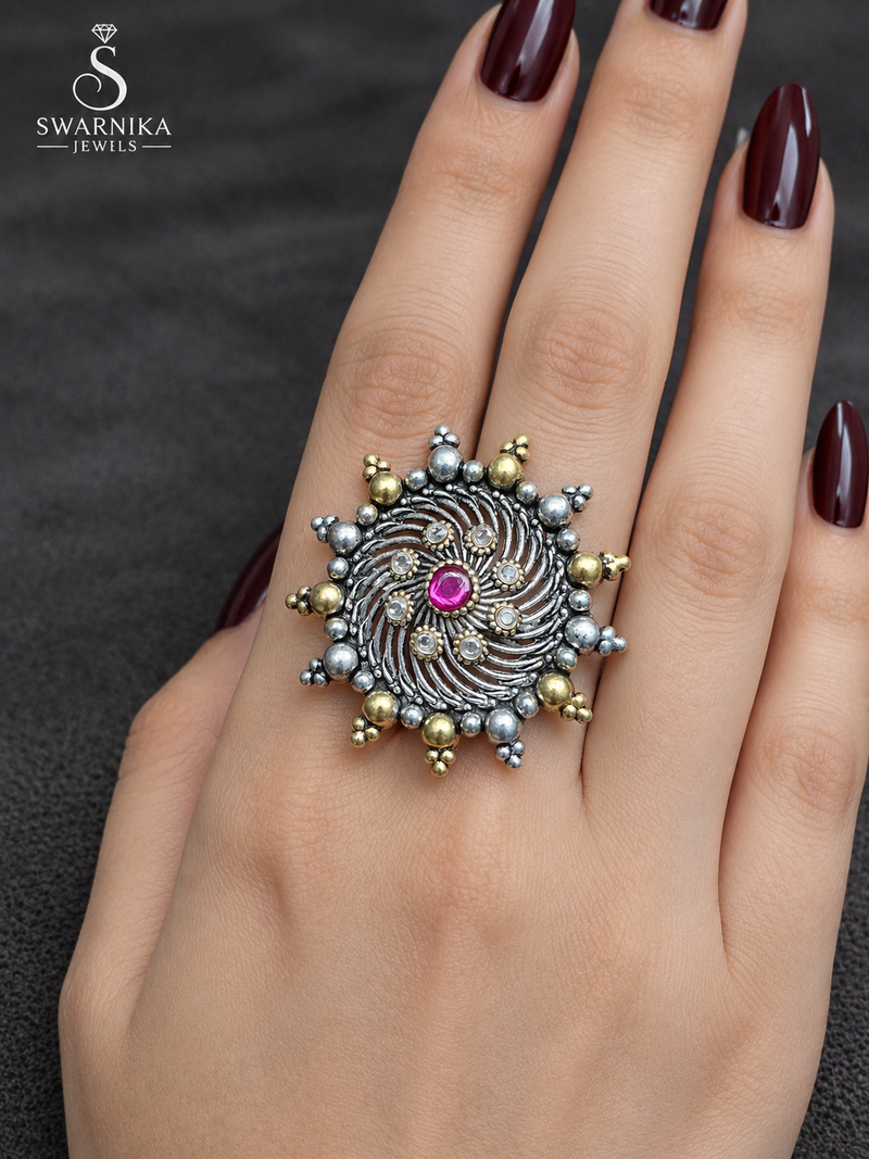Magenta Spiral Dual-Tone Sunburst Ring