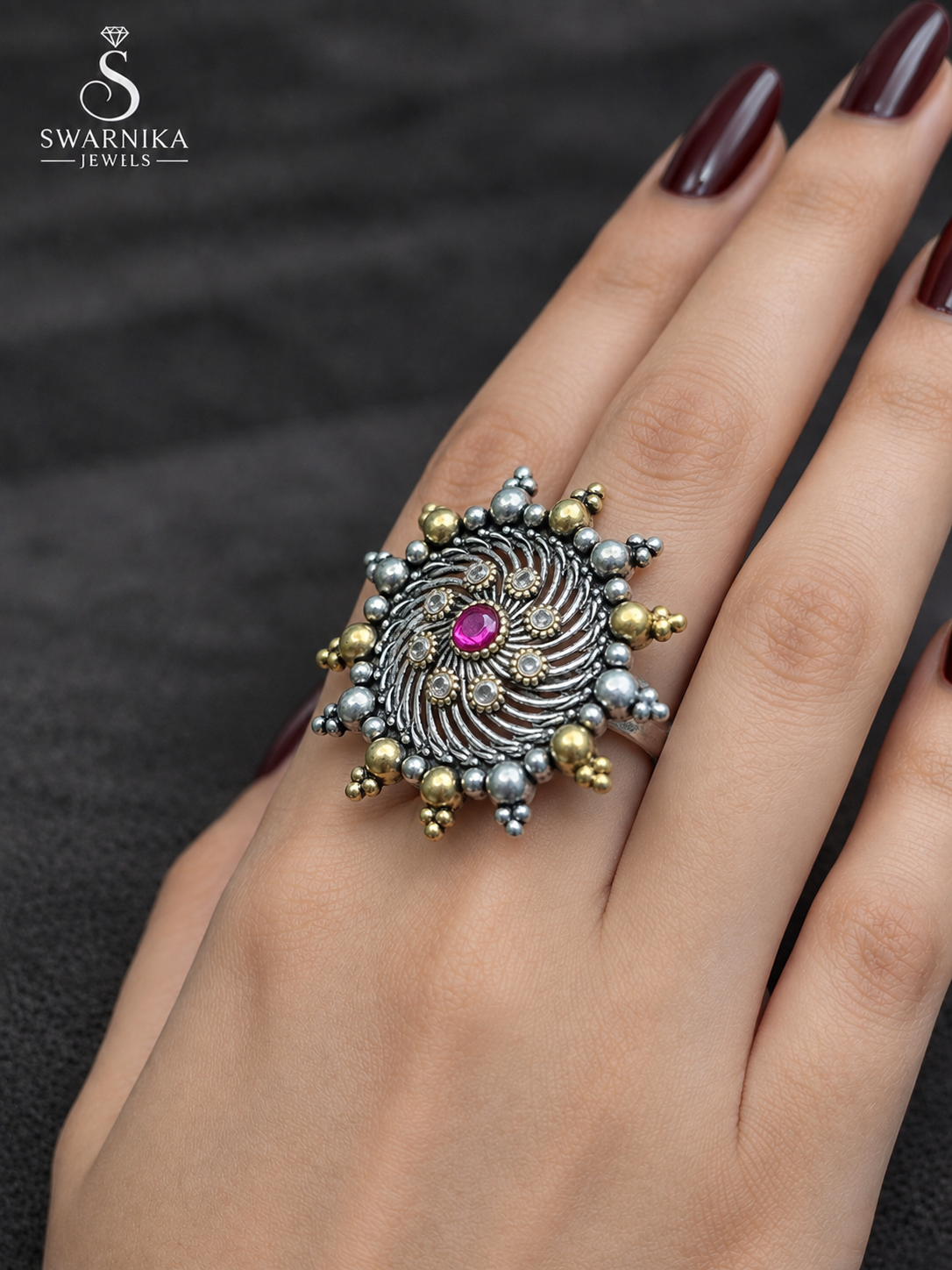 Magenta Spiral Dual-Tone Sunburst Ring view 2