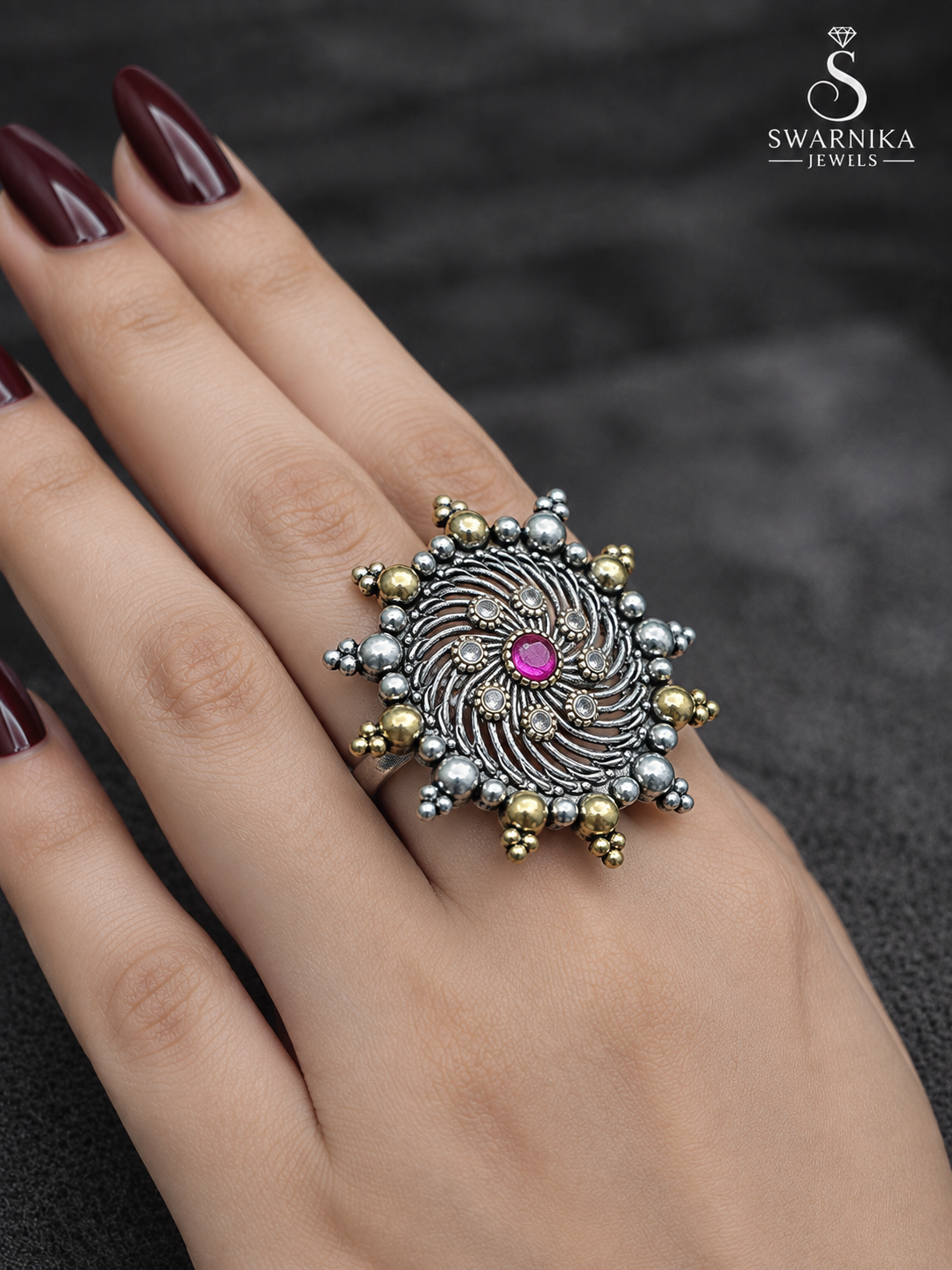 Magenta Spiral Dual-Tone Sunburst Ring view 3