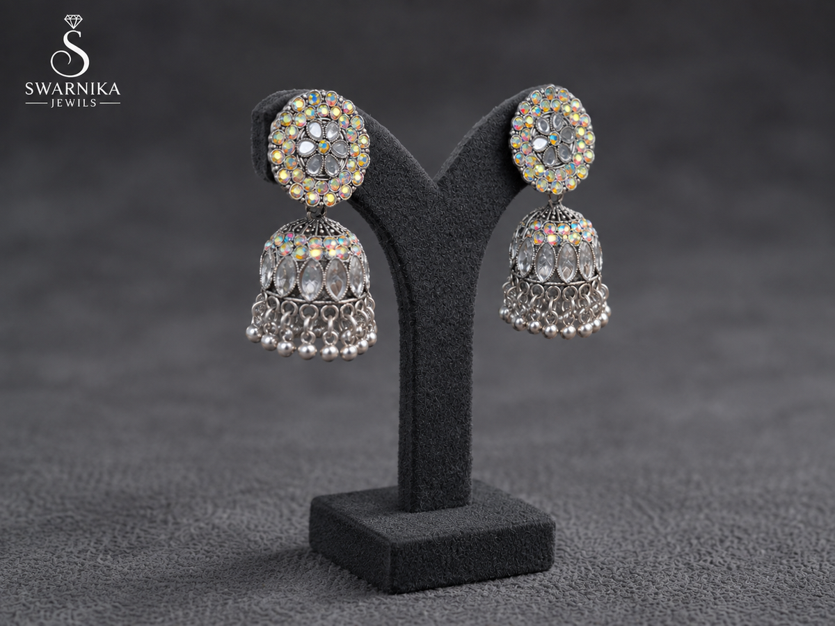 Marquise Crystal Oxidised Mini Jhumkas view 2