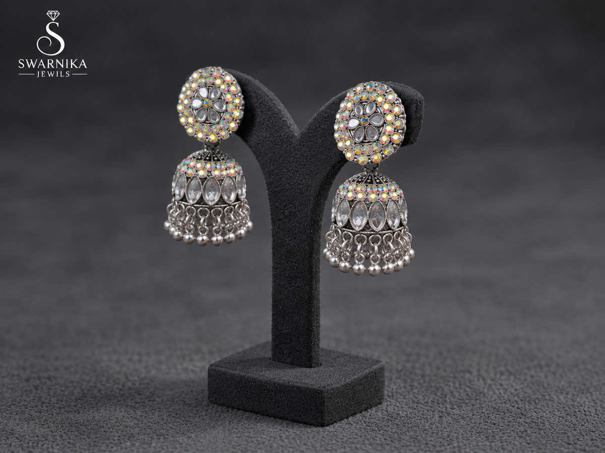 Marquise Crystal Oxidised Mini Jhumkas view 3