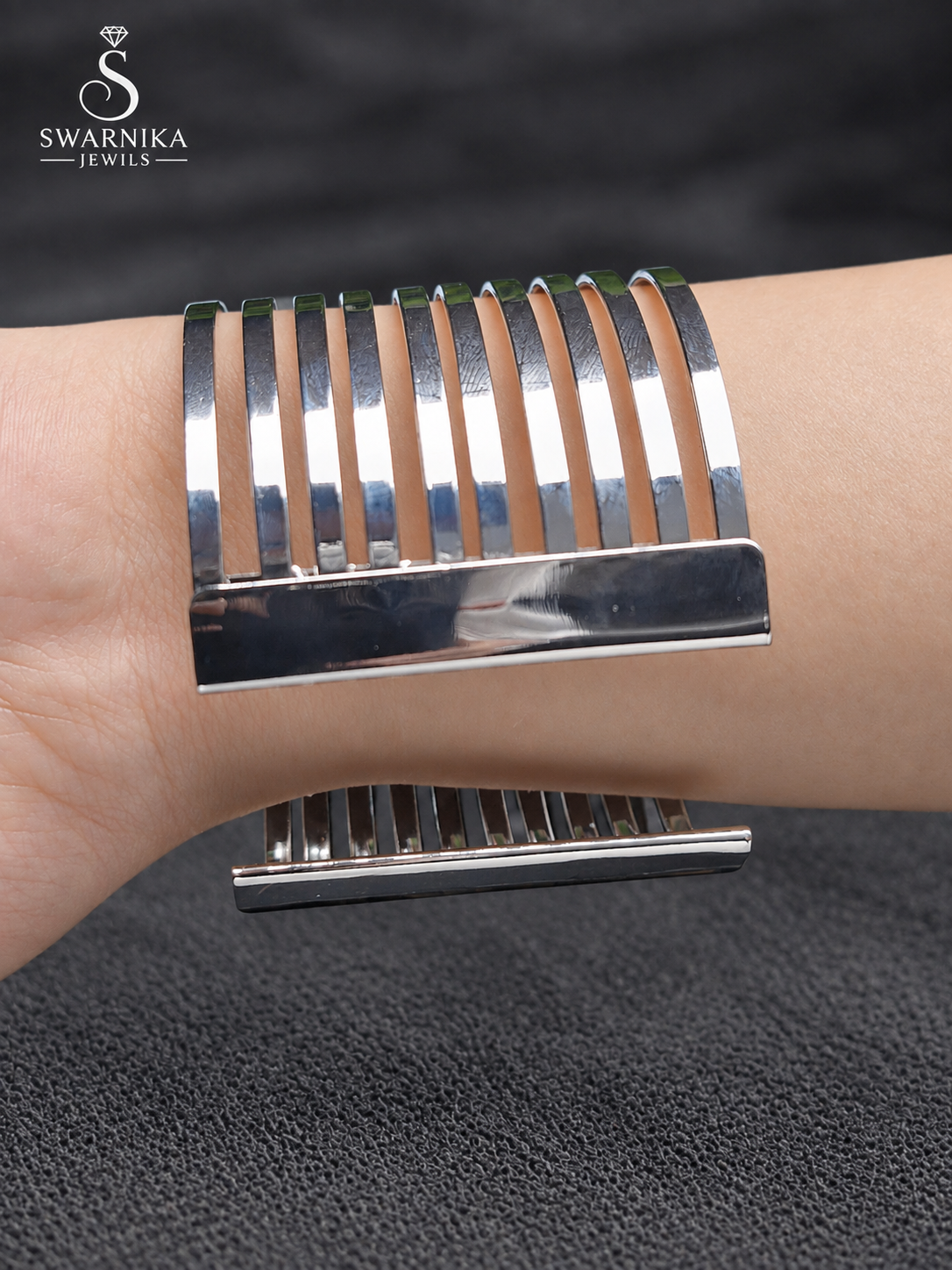 Mirror Finish Layered Silver Statement Cuff view 2