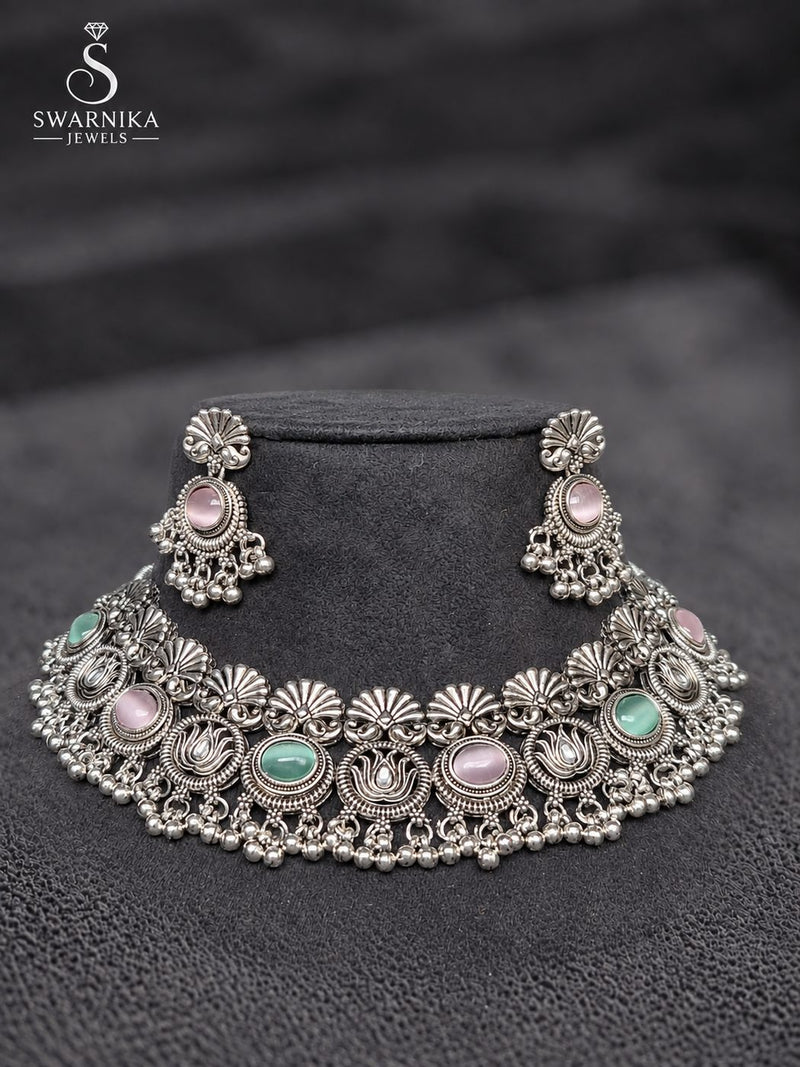 Multistone Oxidised Festive Necklace Set
