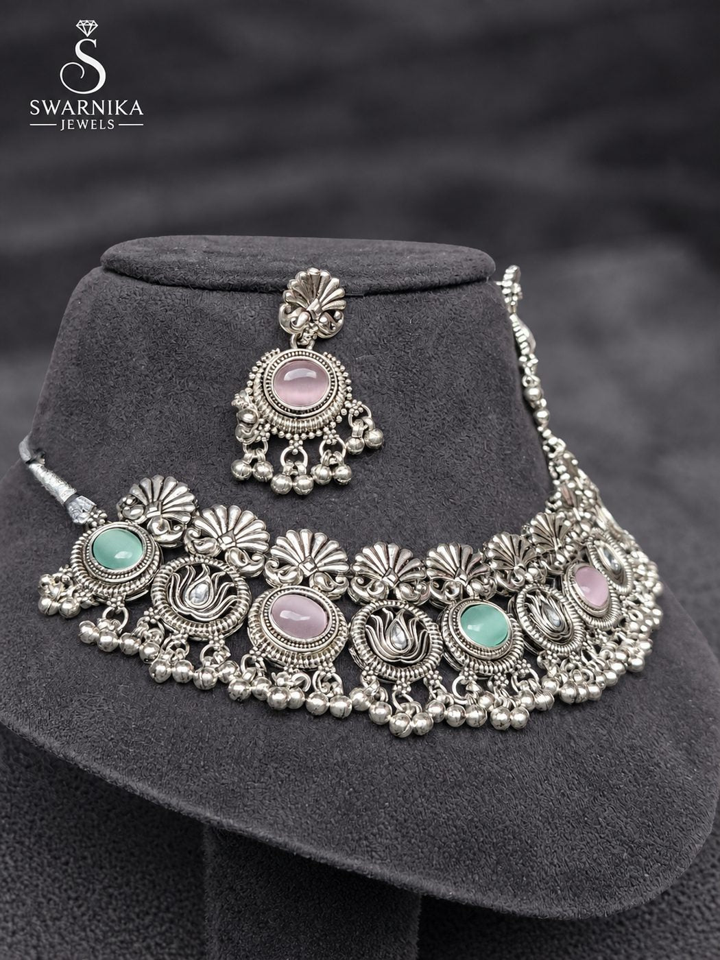 Multistone Oxidised Festive Necklace Set view 2