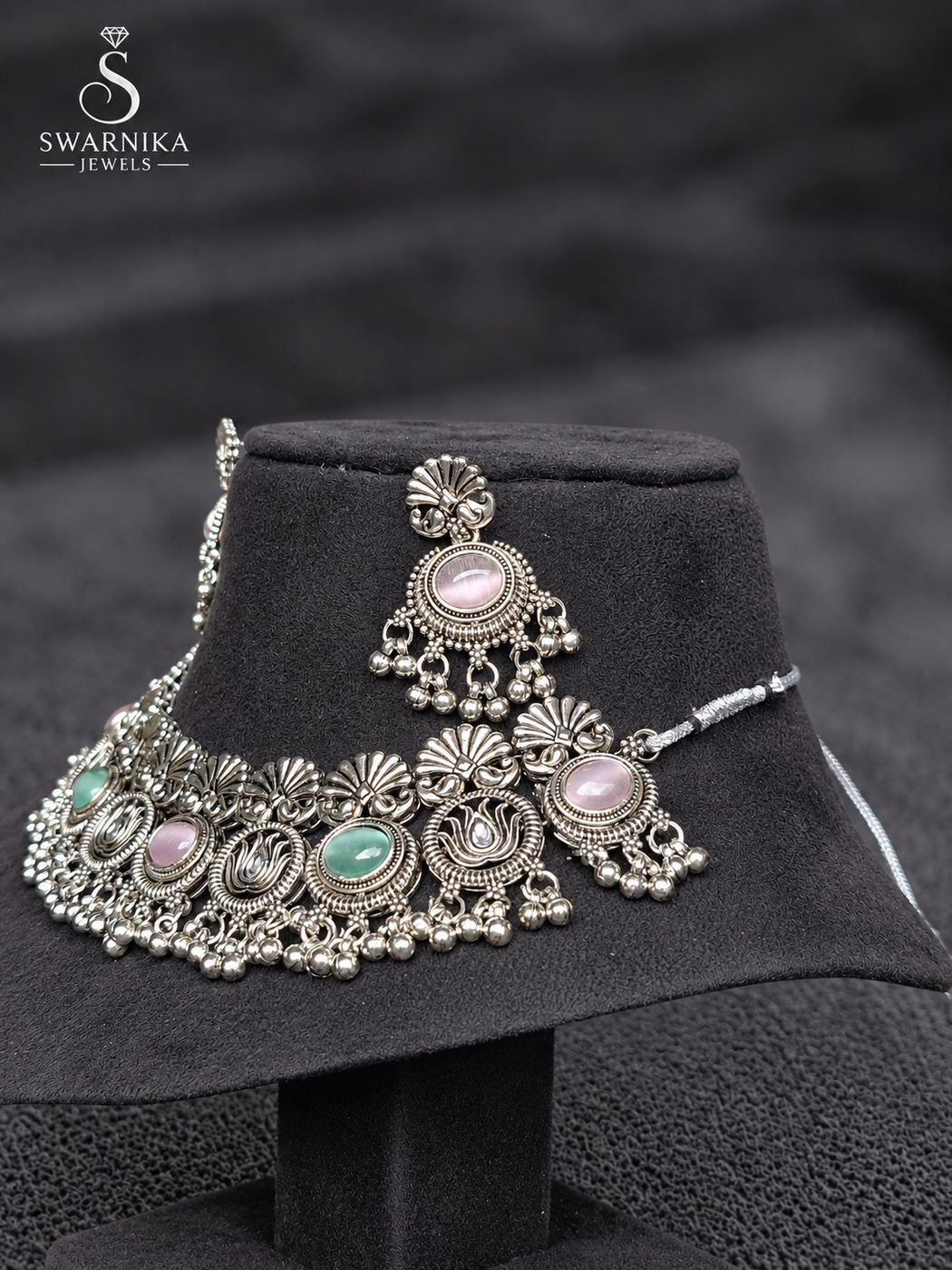 Multistone Oxidised Festive Necklace Set view 3