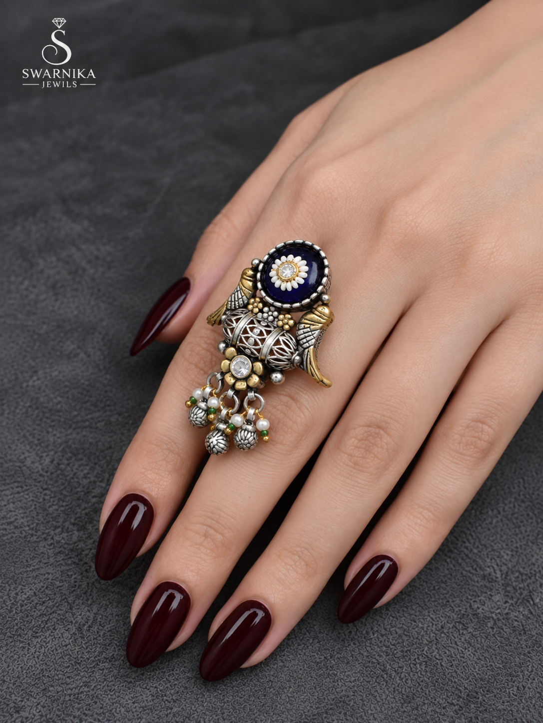 Navy Daisy Dual-Tone Barrel Ring view 1