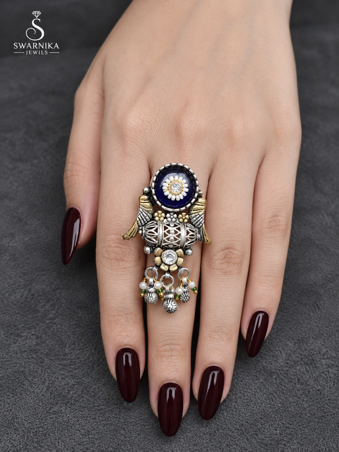 Navy Daisy Dual-Tone Barrel Ring view 2