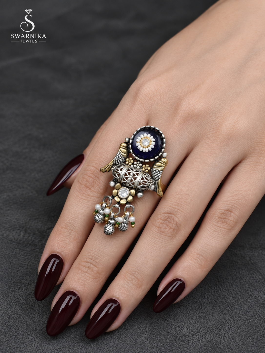 Navy Daisy Dual-Tone Barrel Ring view 3