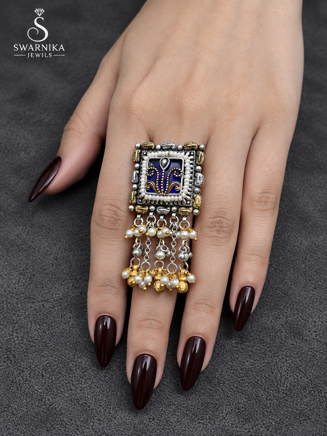 Navy Enamel Pearl Rectangle Tassel Ring view 1