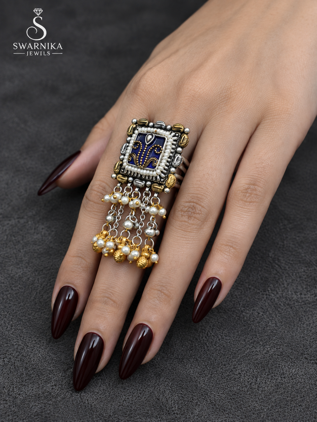Navy Enamel Pearl Rectangle Tassel Ring view 2