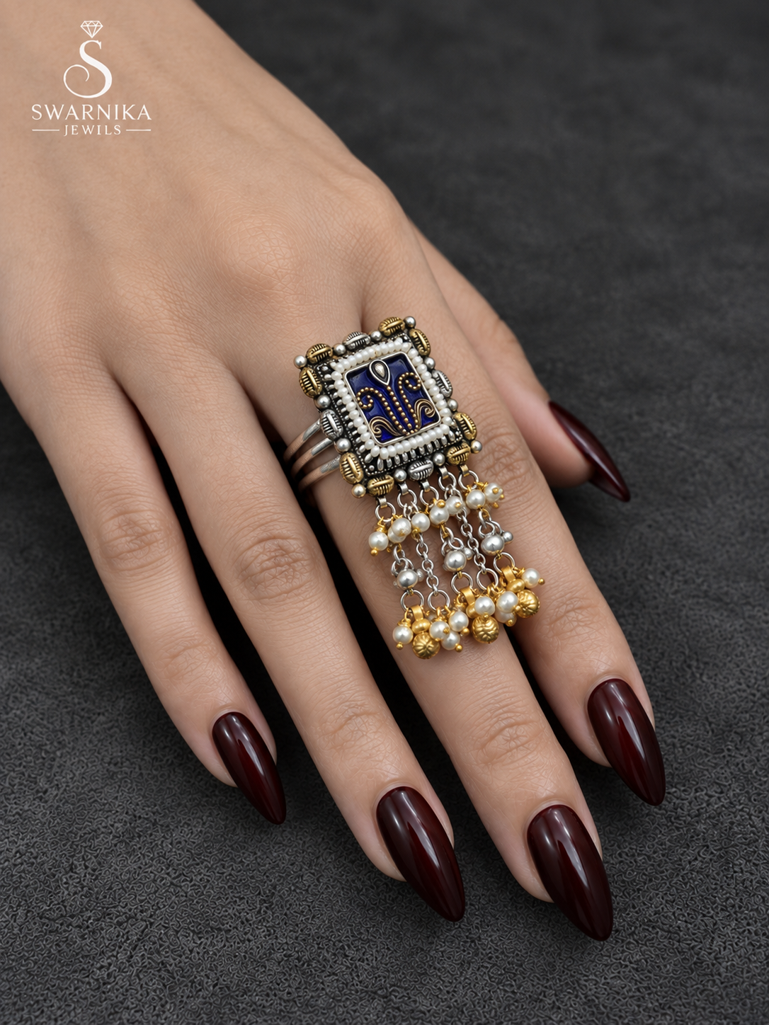 Navy Enamel Pearl Rectangle Tassel Ring view 3