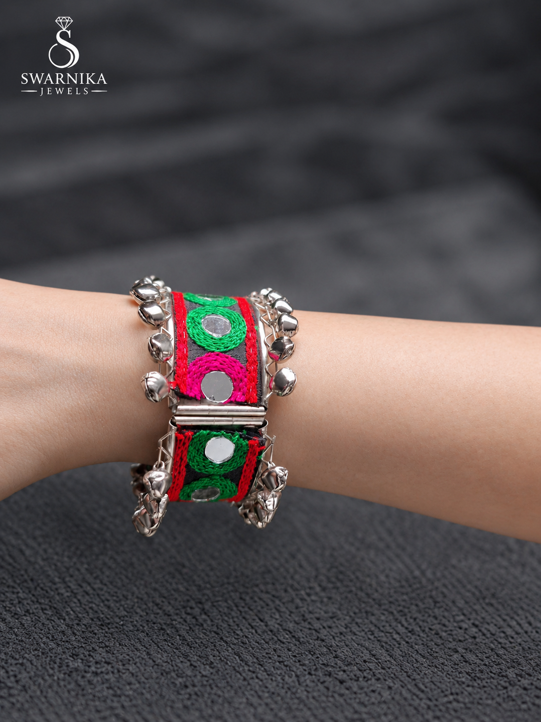 Orange Floral Embroidery Ghungroo Kada view 2