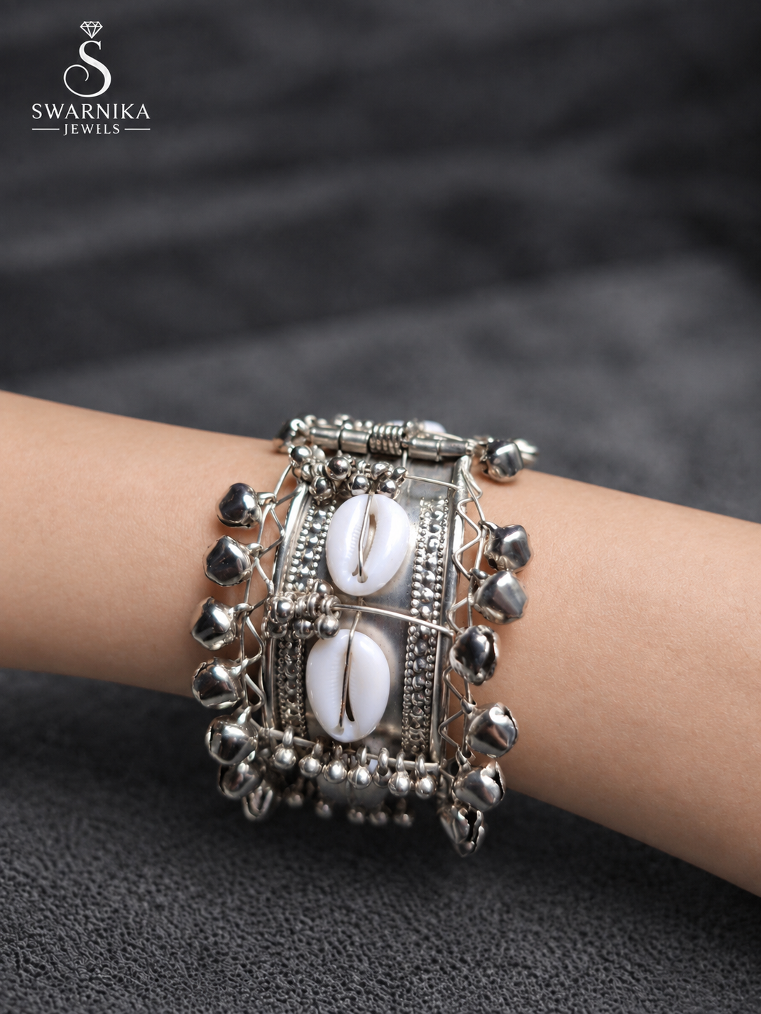 Oxidised Cowrie Shell Ghungroo Cuff Kada view 1