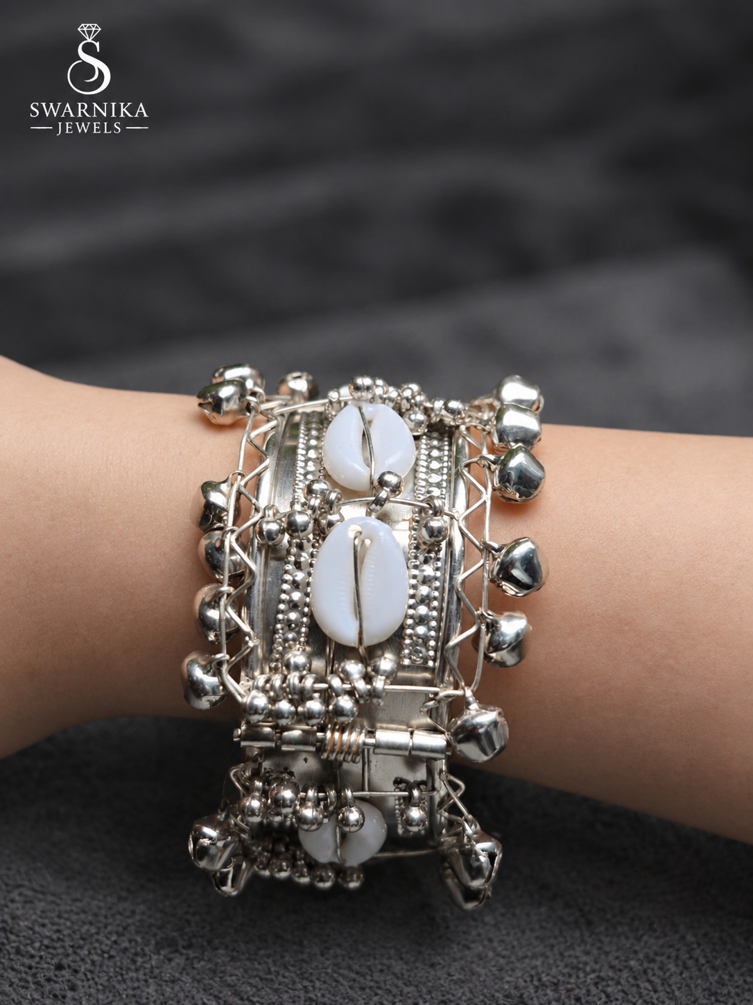 Oxidised Cowrie Shell Ghungroo Cuff Kada view 2