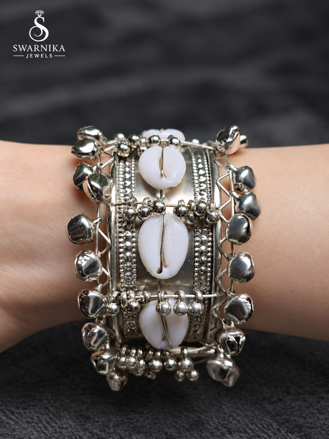 Oxidised Cowrie Shell Ghungroo Cuff Kada view 3