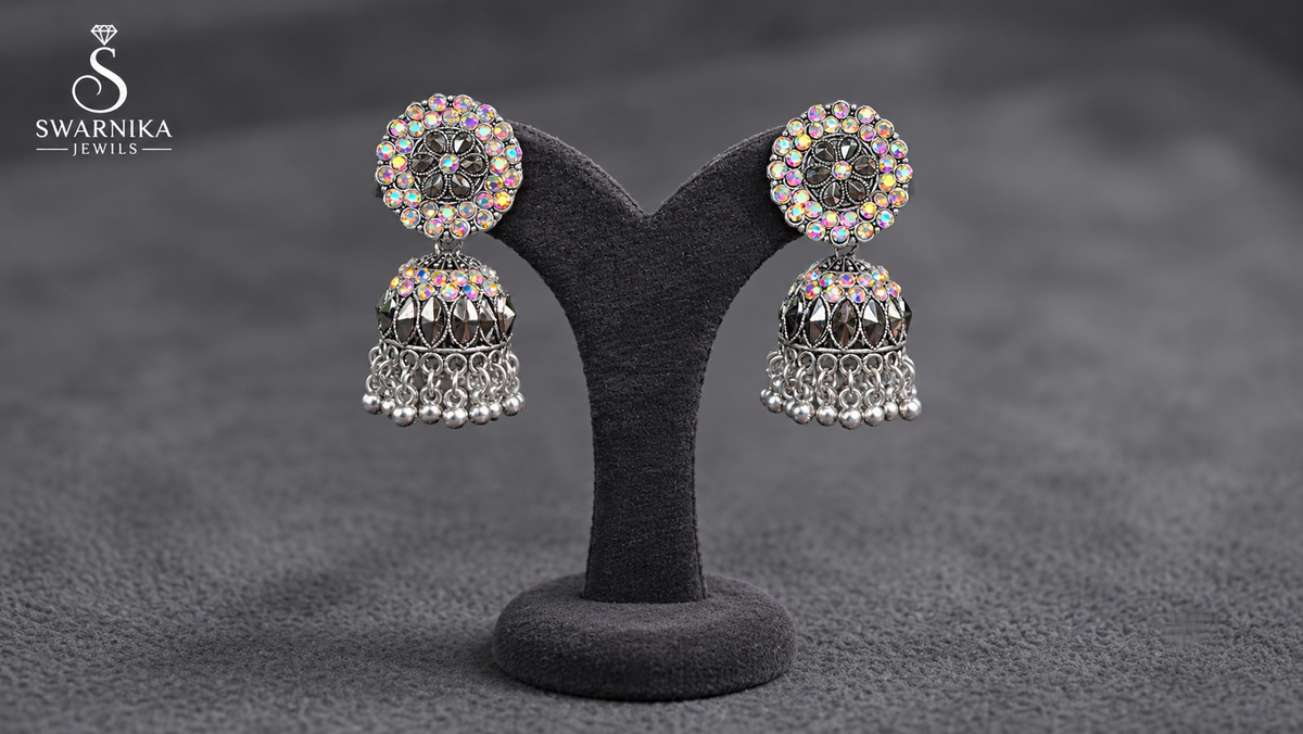 Oxidised Dome Jhumka – Crystal Drop – view 1